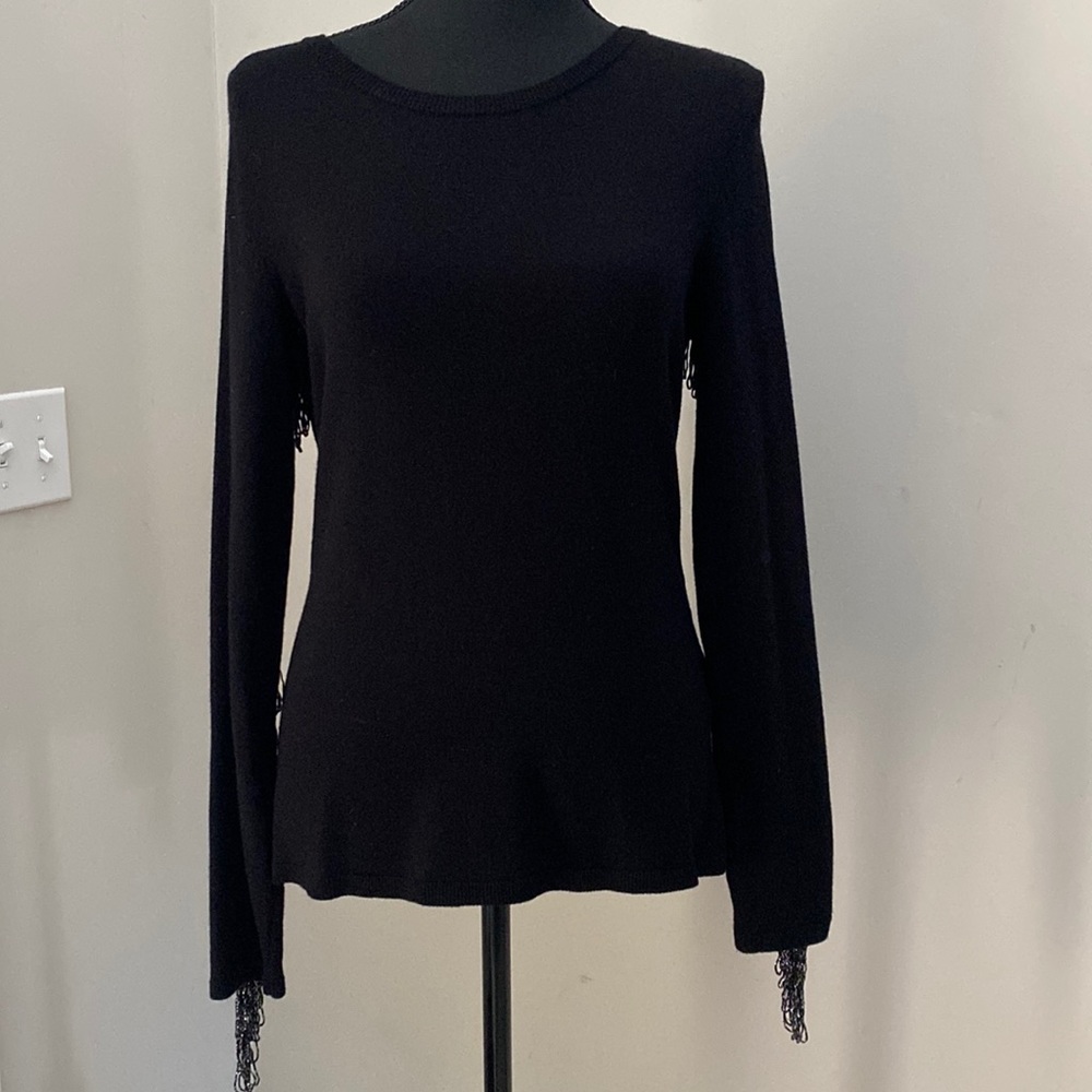 INC Womens Black Glam Fringe Silver Metallic Back Long Sleeve Statement Top M